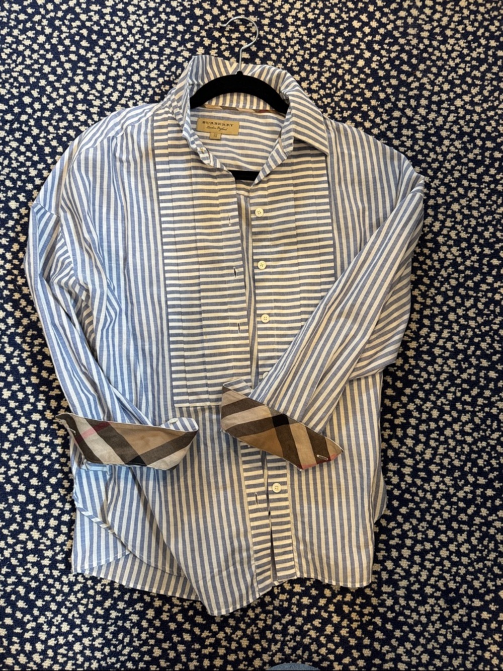Burberry Blue and White Striped Dress Shirt with Signature Cuff Detail.